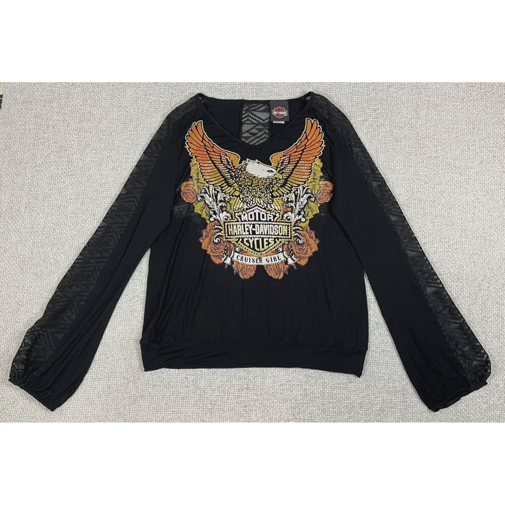 Harley Davidson Long Sleeve Top Women's Large Lace Sleeves & Back Rhinestones